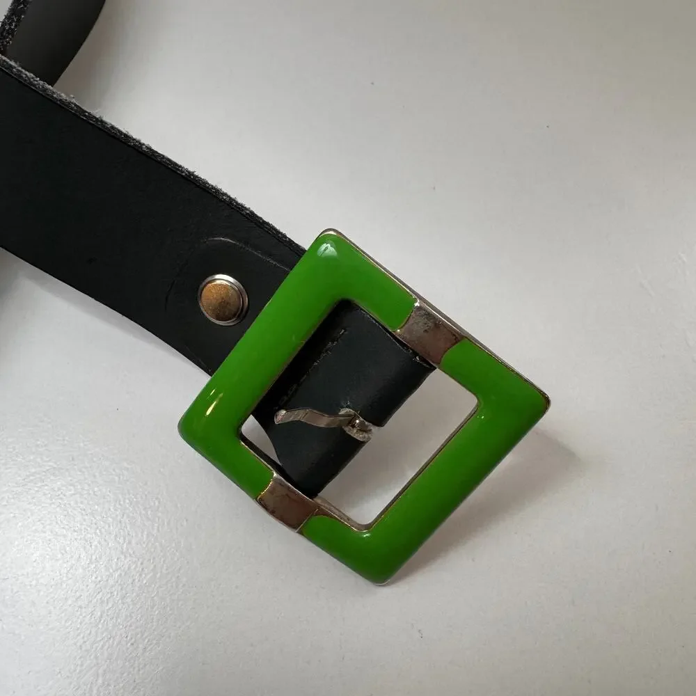 Vintage Vera Pelle Italy Womens Belt Green Genuine Leather Nickel Buckle Size 90
